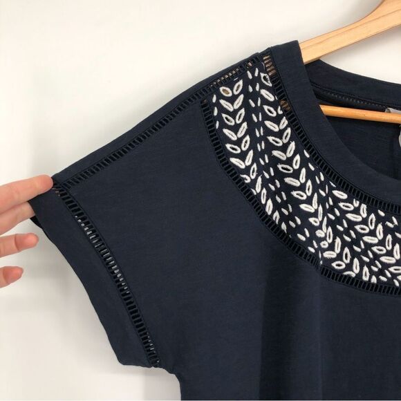 Pure Collection Tee Womens 12 Navy Blue Short Sleeve Embroidered Leaf Cutout - Picture 2 of 10